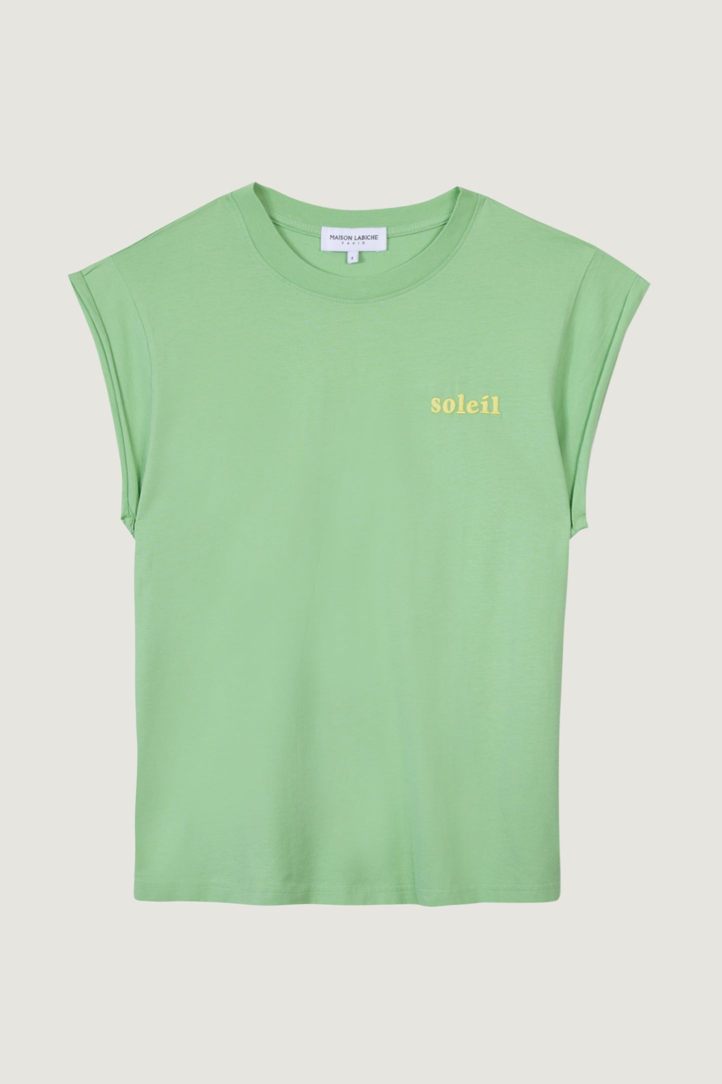 tee-shirt bio Maison Labiche vert brodé soleil en jaune